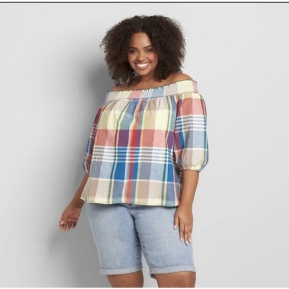 Lane Bryant Teagan Plaid 1/2 Sleeve Ruched Off-Shoulder Top
